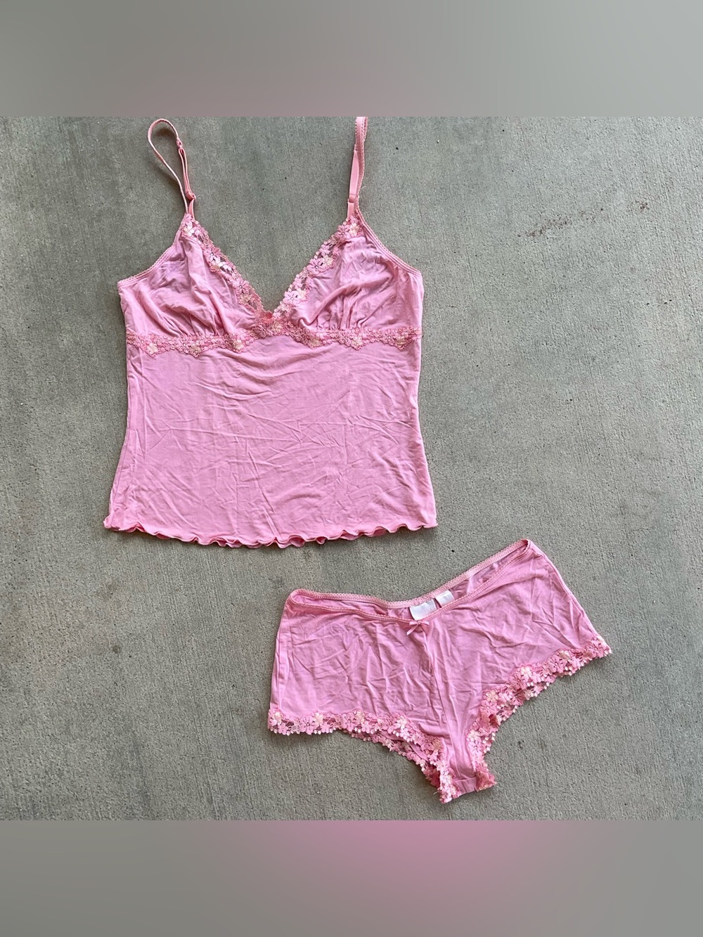 Vintage victoria secret Pink Lace Trim Cami and Short Sleep Set